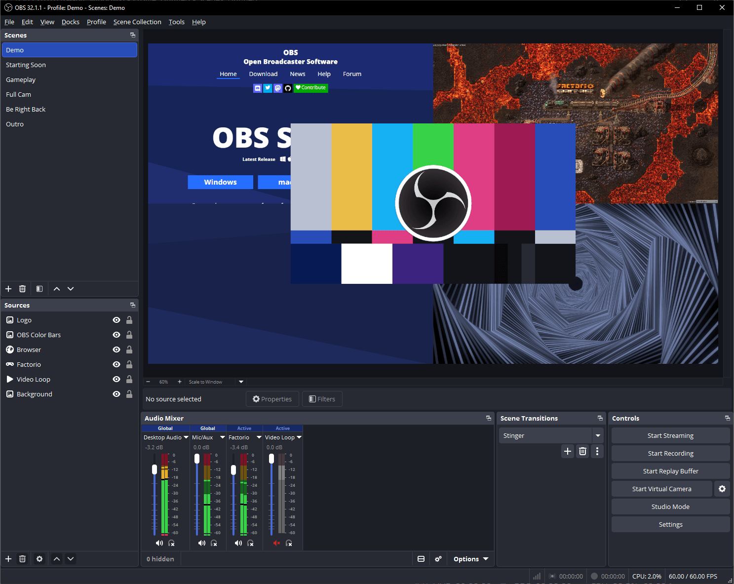 OBS Studio 软件主界面截图 - 展示直播场景编辑、音频混音器和预览画面